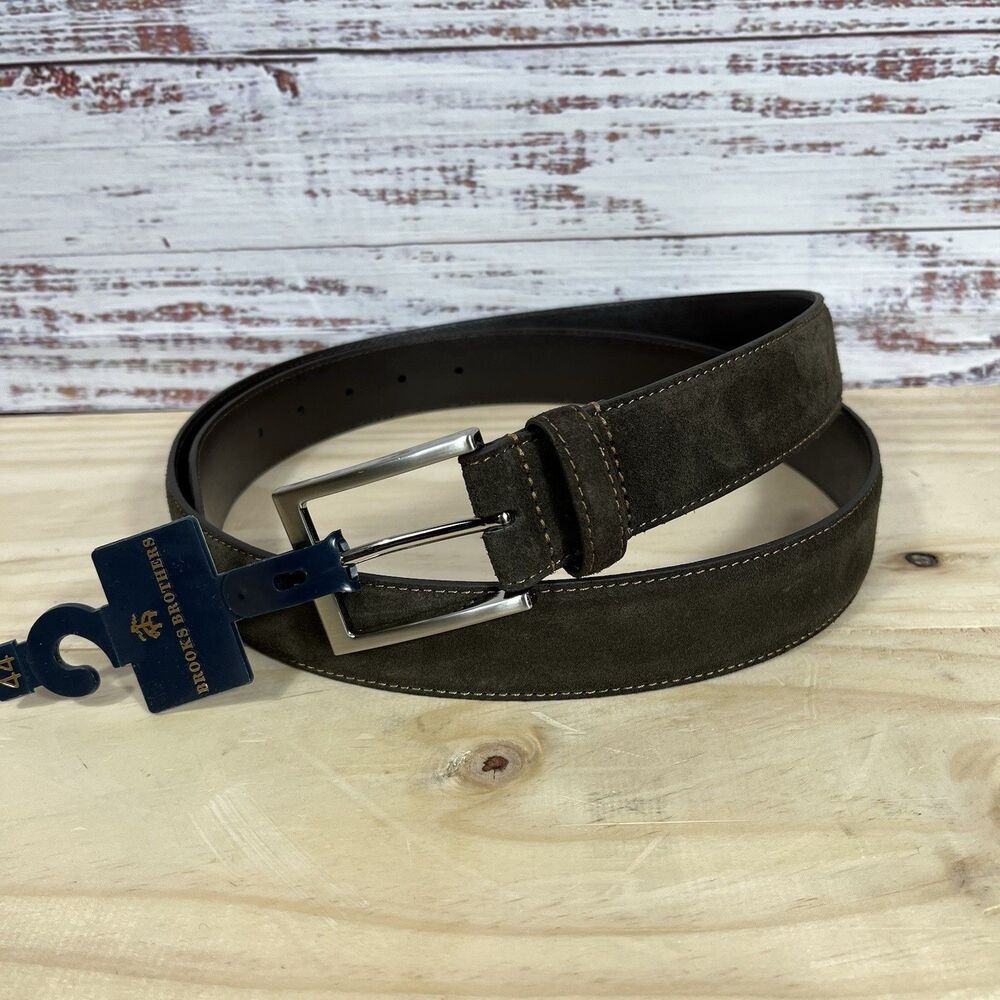 Brooks Brothers Brown Suede Belt Men’s Sz 44 Leather 5 Hole Silver Tone Buckle